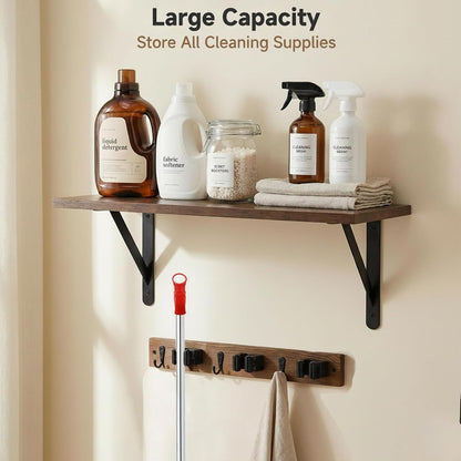 Wooden Broom Holder Wall Mount with Hooks and Shelf Mop Hangers Storage Rack with Cleaning Supplies Organizer Farmhouse Garage Laundry Room Wood Shelf (Brown, 1)