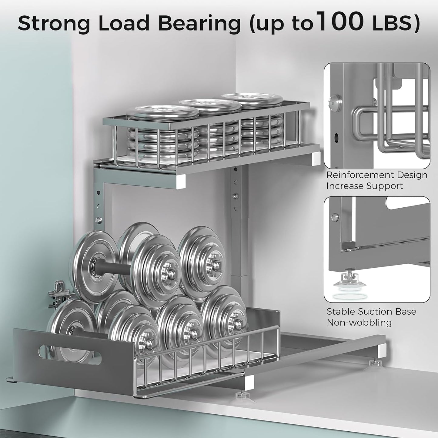 Saydear L-Shaped Under Sink Organizer, 2-Tier Pull-out Cabinet Rack 1-Pack | Black Height-Adjustable Metal Rack, Sliding Grid Drawers with Safety Stopper, Holds 100 Lbs, Ideal Kitchen Cabinet Storage