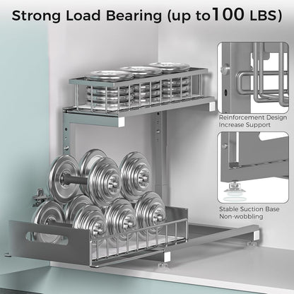 Saydear L-Shaped Under Sink Organizer, 2-Tier Pull-out Cabinet Rack 1-Pack | Black Height-Adjustable Metal Rack, Sliding Grid Drawers with Safety Stopper, Holds 100 Lbs, Ideal Kitchen Cabinet Storage