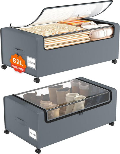 Webetop Under Bed Storage Containers with Wheels,12 inch Under the Bed Storage Bins with Clear Lid for Underneath Small Spaces Dorms, Blankets (2 Pack, 30.7"x17.3"x12")