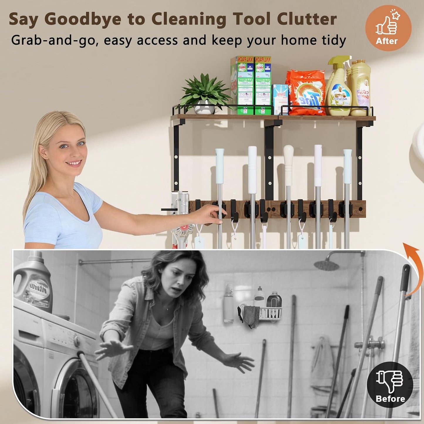 Mop Holder Wall Mount with Cleaning Supplies Organizer, Wood Mop and Broom Hanger Rack Organizer with Anti-Fall Wall Shelf with 5 Clips & Hooks for Garage Laundry Room Kitchen (Brown)