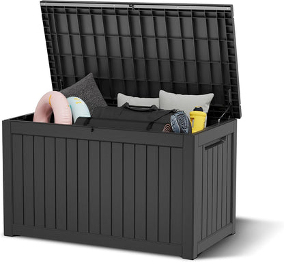 KAMABOKO 31 Gallon Outdoor Storage Box, Resin Deck Boxes Indoor and outdoor, Waterproof Storage Box Lockable Lid for Garden Tools, Package Delivery, Pool Supplies, Patio Cushions, Black