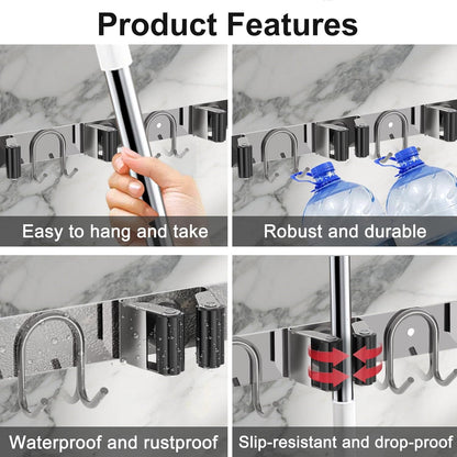 Broom Holder Wall Mount, Stainless Steel Mop Hanger with 4 Slots 6 Hooks, Tool Storage Wall Organizer for Kitchen Garden Garage Laundry Room Bathroom and RV, Black 1-Pack