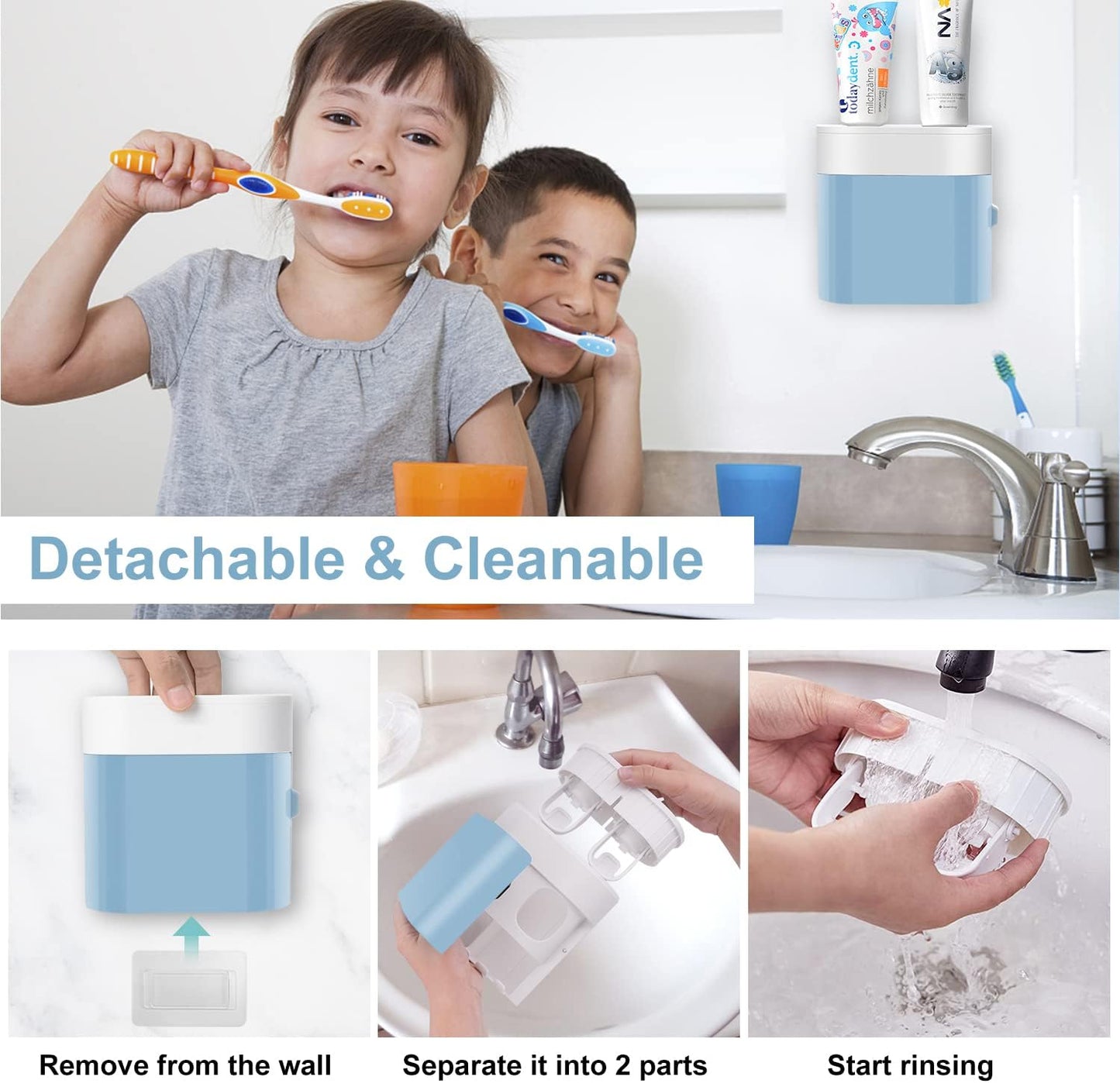 GFWARE Toothbrush Holder Toothpaste Dispenser Wall Mounted with Cover, 4 Slots Tooth Brush Storage Organizer with Automatic Kids Toothpaste Squeezers for Shower Bathroom Black