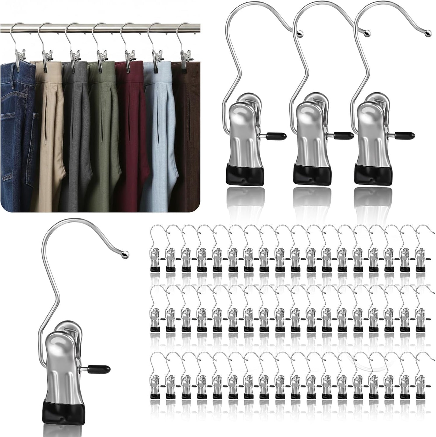 COMNICO Boot Hangers Clips, 100 Pcs Laundry Hooks with Clips Stainless Steel Portable Clothes Pins Closet Hanger Organizer for Wardrobe Travel Pants Jeans Clothes Hats Towels