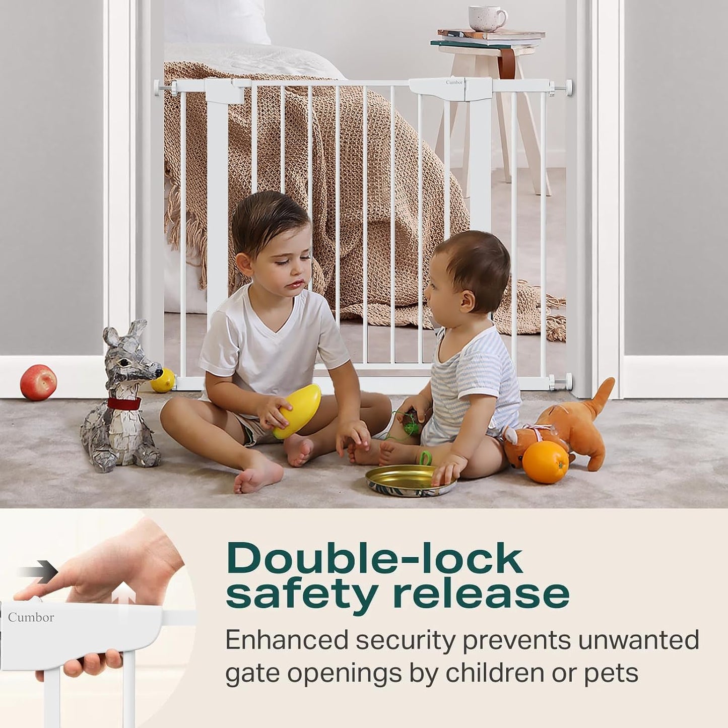 Cumbor 29.7-48" Baby Gate for Stairs, Mom's Choice Awards Winner-Dog Gate for Doorways, Auto Close Safety Pet Gate for Dogs Indoor, Easy Install Pressure Mounted Child Gate with Walk Thru Door, Brown
