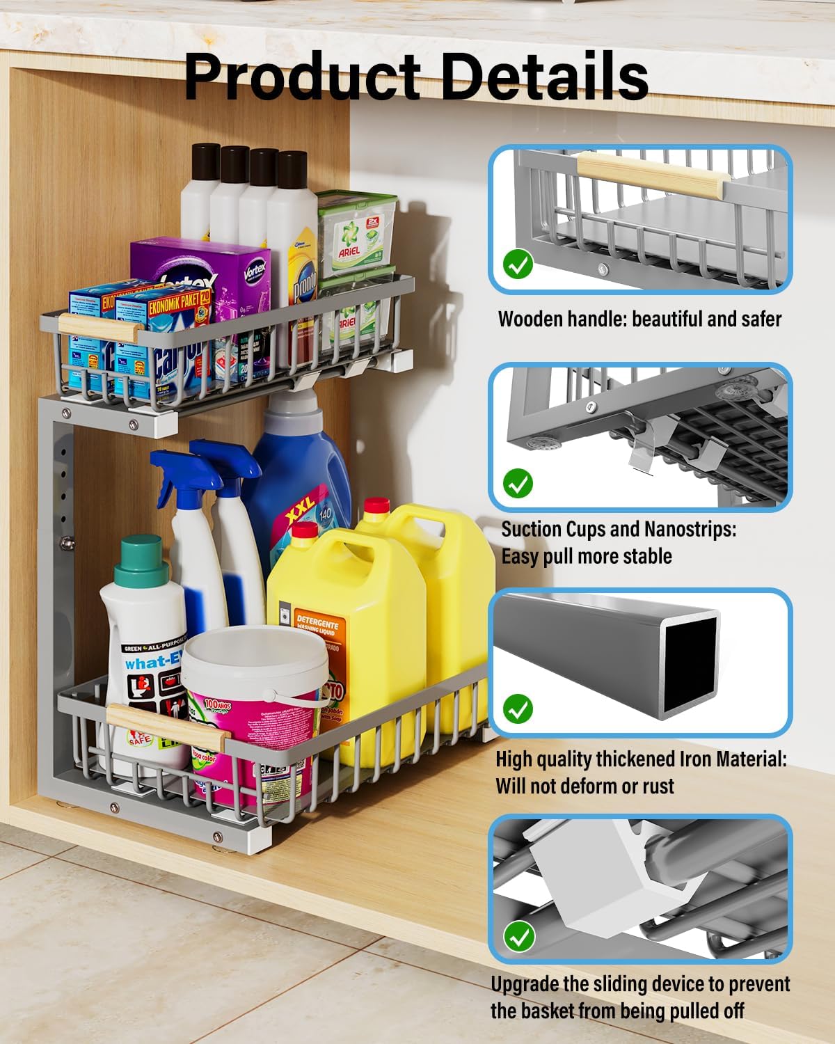 Under Sink Organizer Storage for Families: Pull Out Storage Undersink Organizers Drawer Cabinet - Sliding 2 Tier Rack Metal Organization Under Counter Kitchen Bathroom for Homemakers(White,1 Pack)