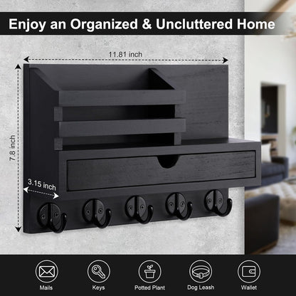 Key Holder Wall Mount, Mail Holder with Storage Drawer and 5 Key Hooks for Coat, Dog Leash, Home Decor Rack, House Accessories, Entry Way Organizer
