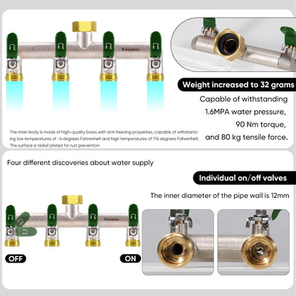 Garden Hose Splitter, 3/4” Rust and Freeze Resistant Outdoor Hose Manifold with 2 green Extra Long Handles Faucet Adapter-Heavy Duty Brass Nickel Plated 2-Way Valve