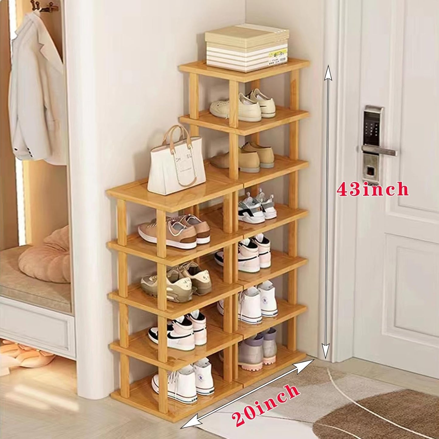 SAN HE 7-Tier Modern Bamboo Shoe Rack - Vertical, Slim, Space-Saving Shoe Organizer for Small Spaces, Closet, Entryway, Corner, Garage, Bedroom