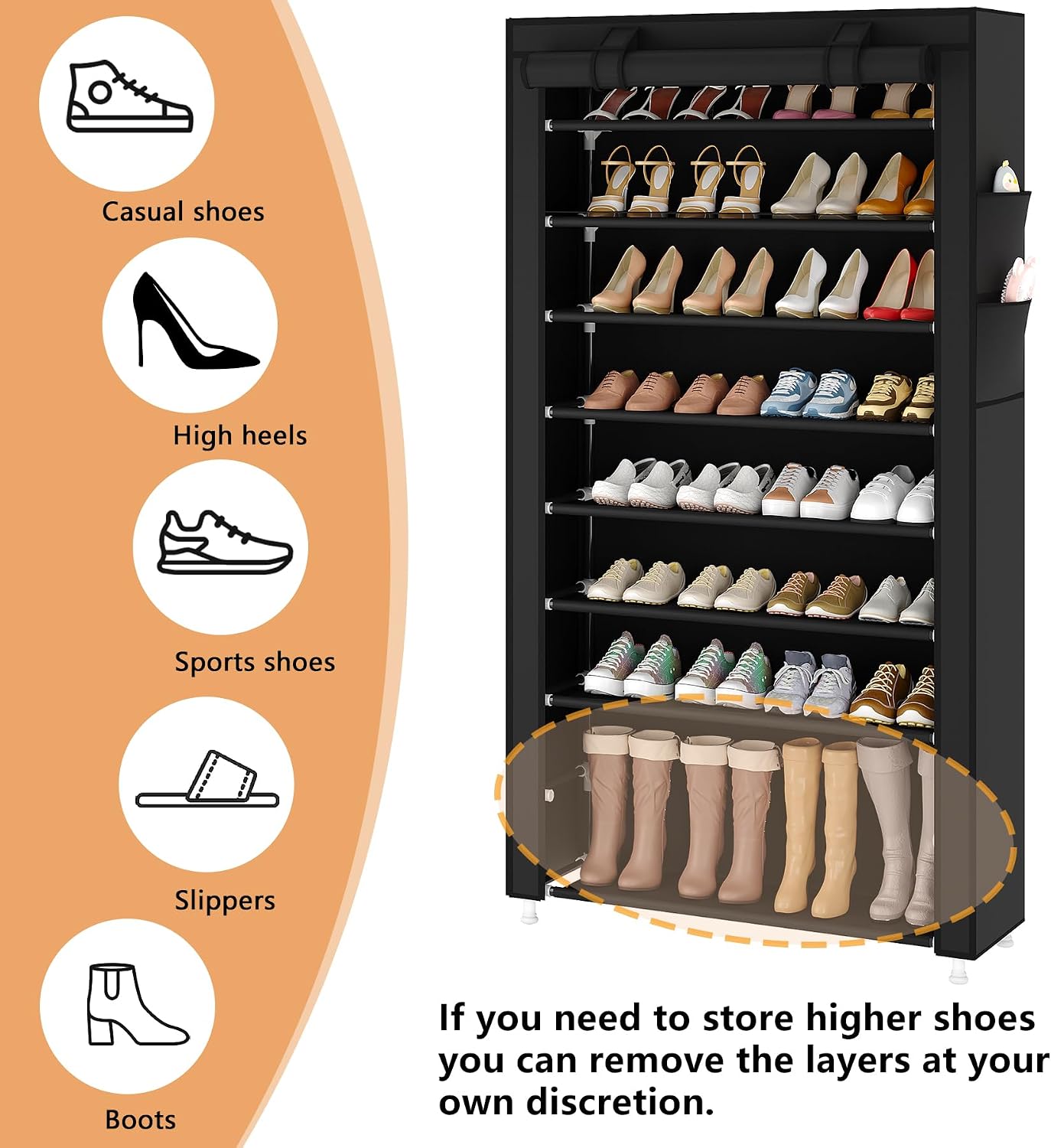 Laiensia 9-Tier Vertical Shoe Rack Organizer, Space Saving Shoe Storage Organizer, Non-Woven Cover Shoe Shelf Holds 36-45 Pairs for Bedroom, Hallway, Closet Entryway, Black