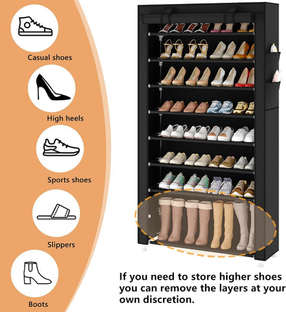 Laiensia 9-Tier Vertical Shoe Rack Organizer, Space Saving Shoe Storage Organizer, Non-Woven Cover Shoe Shelf Holds 36-45 Pairs for Bedroom, Hallway, Closet Entryway, Black