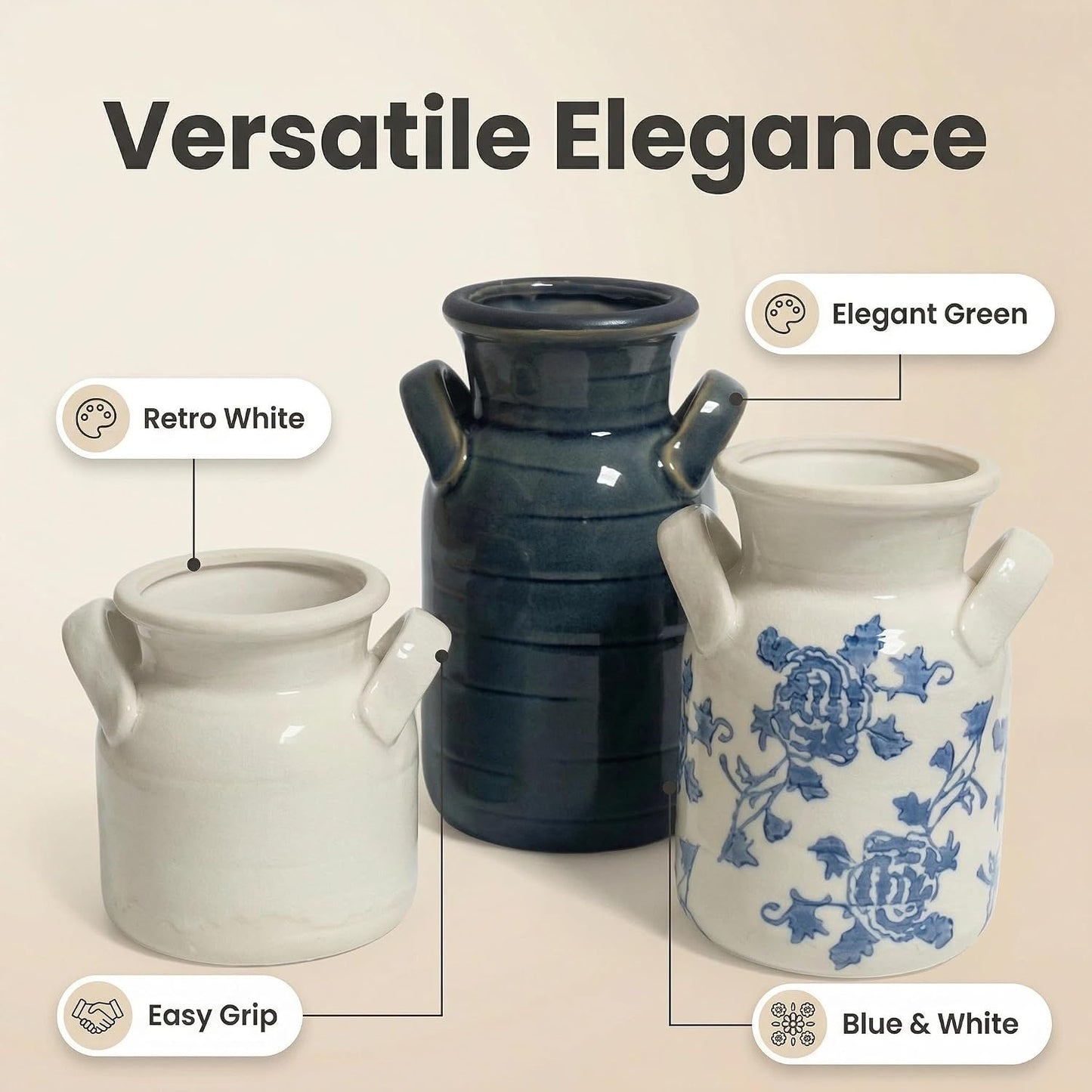 Ceramic Vase Set of 3 with Handles, Green White Neutral Rustic Modern Farmhouse Boho Decor, Versatile as Table Centerpiece or Mantel & Shelf Accent - Unique Home Gift Idea