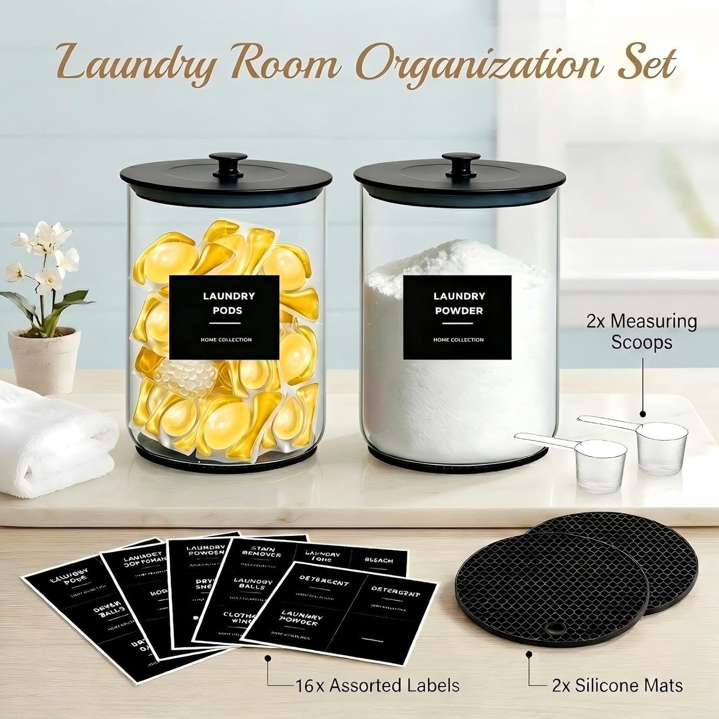 1 Gallon Glass Laundry Detergent Dispenser - Borosilicate Glass Canister Jar with Airtight Lid, Scoop & Silicone Mat, 16 Labels for Laundry Room Organization Powder Soap Pods Container (2, Black)