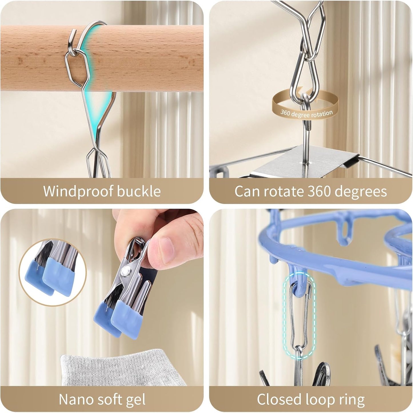 PHYDELU Drying Rack Clothing with 20 Clips，Sock Hanger for Drying，Hanging Clothes Dryer Underwear Hangers Racks Laundry Herb Socks Panty Wet Bra Lingerie Baby Delicates Foldable Small Indoor Metal