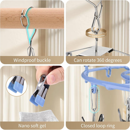 PHYDELU Drying Rack Clothing with 20 Clips，Sock Hanger for Drying，Hanging Clothes Dryer Underwear Hangers Racks Laundry Herb Socks Panty Wet Bra Lingerie Baby Delicates Foldable Small Indoor Metal