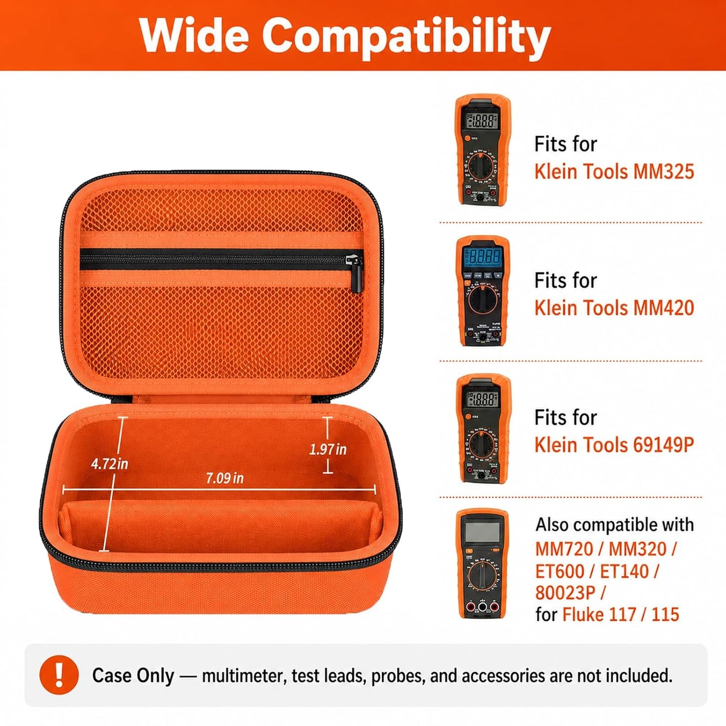 Boobowl Multimeter Case for Klein MM325/MM420/69149P and Fluke 115/117 | Hard EVA Shell, Soft Lining, Removable Divider, Mesh Pocket for Leads and Probes, for Electricians, Black, Case Only