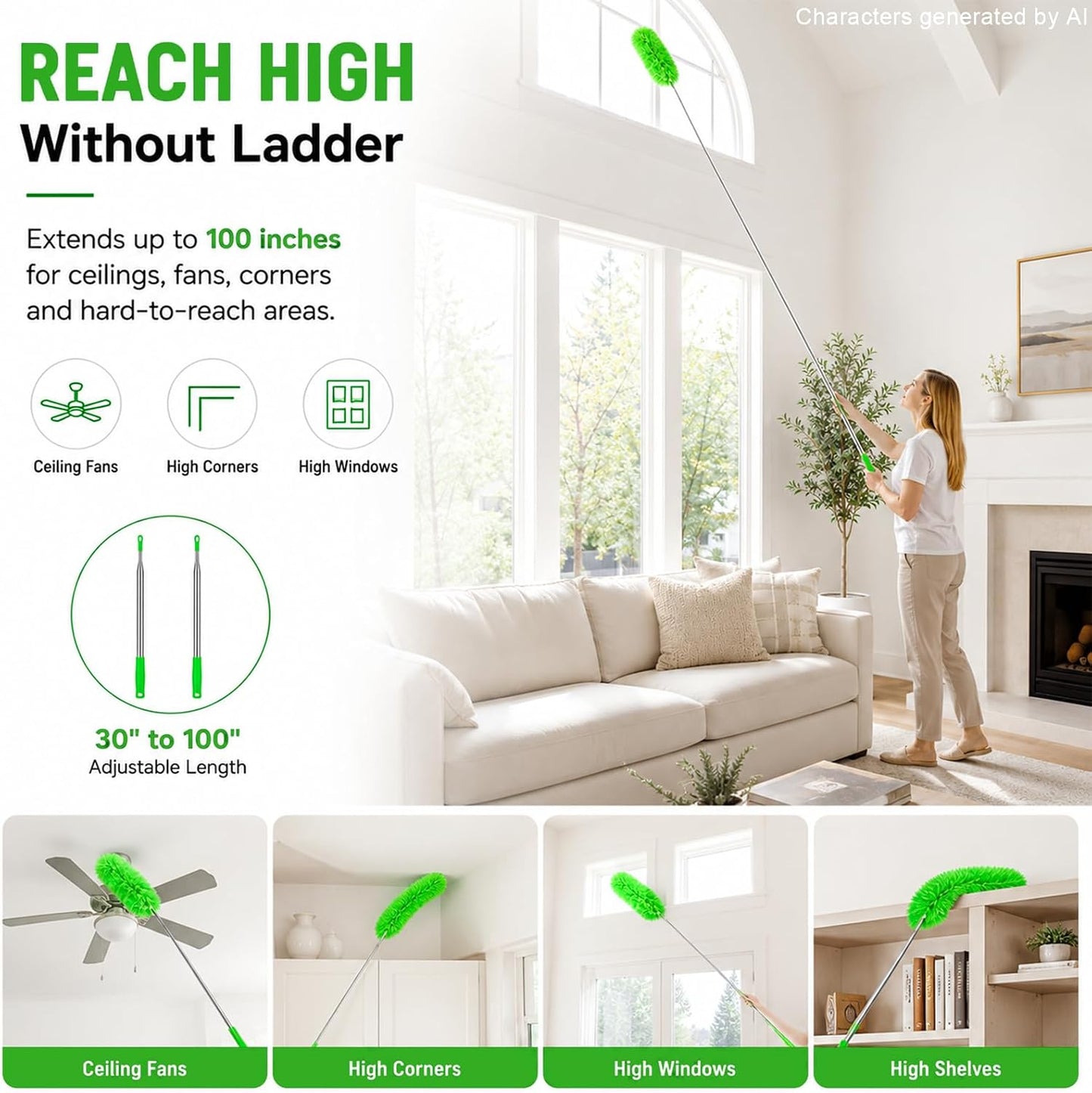 Microfiber Duster with Extension Pole(Stainless Steel) 30 to 100'', with Bendable Head, Extendable Long Duster for Cleaning Ceiling Fan, High Ceiling, Keyboard, Furniture Cars Gray