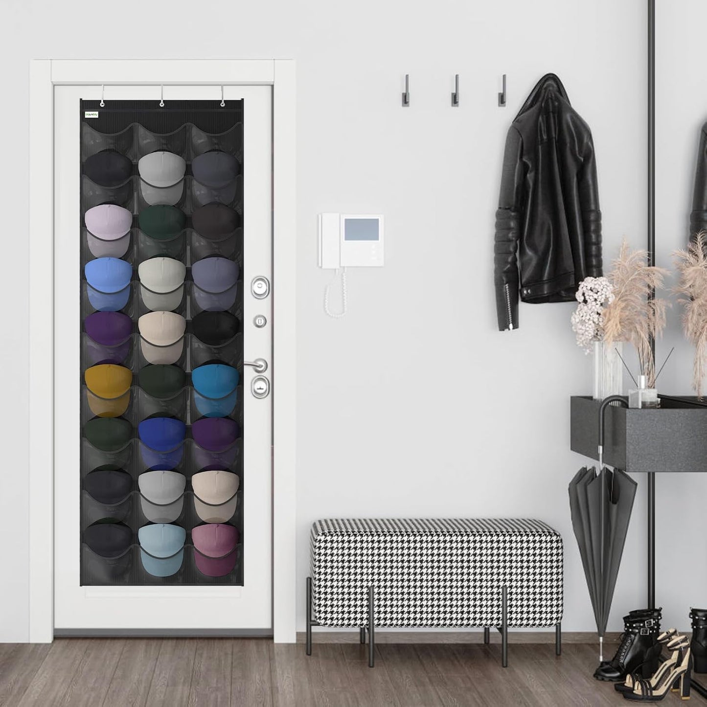 Baseball Hat Rack, 24 Pocket Over-The-Door Hat Organizer with Clear Deep Pockets to Display Baseball Caps Collection, Complete with 3 Over Door Hooks (Black, 24 Pockets)