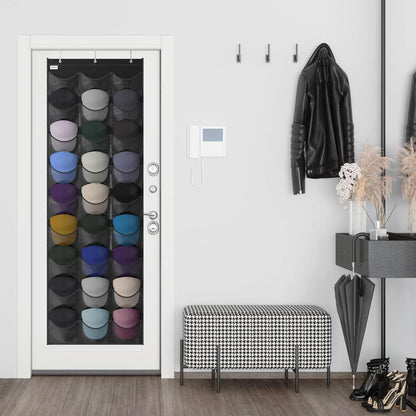 Baseball Hat Rack, 24 Pocket Over-The-Door Hat Organizer with Clear Deep Pockets to Display Baseball Caps Collection, Complete with 3 Over Door Hooks (Black, 24 Pockets)