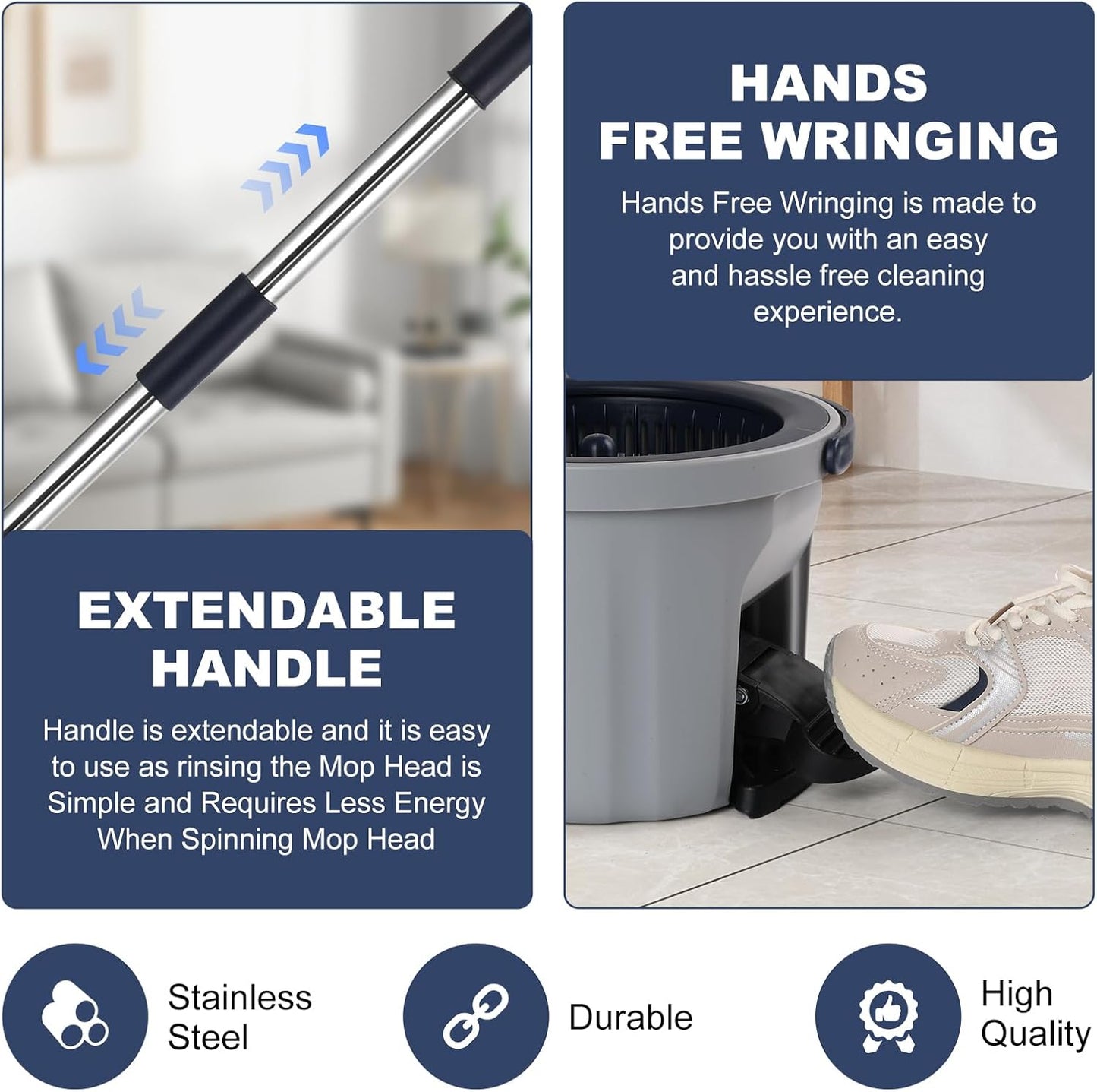 Spin Mop and Bucket System with180-Degree Rotating Head Telescopic Handle Dual Chamber Bucket Floor Cleaning Set with 3 Mop Refills Dual-Function Wringing Hand-Press and Foot-Pedal