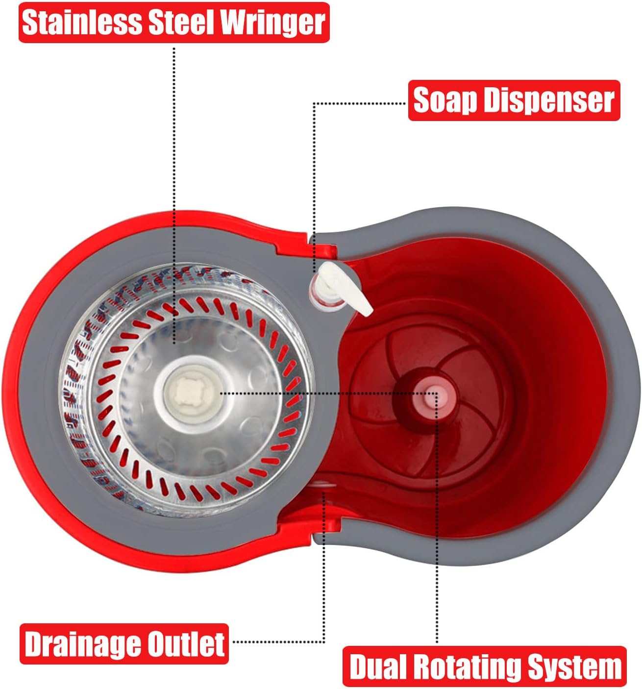 Spin Mop and Bucket with Wringer Set, 360° Spinning Mop Bucket System with 3 Microfiber Mop Replacement Heads and 61" Stainless Steel Adjustable Handle for Floor Cleaning