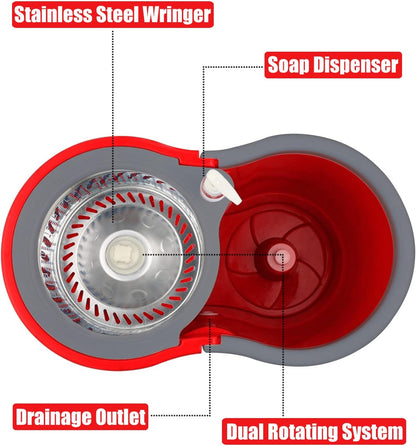 Spin Mop and Bucket with Wringer Set, 360° Spinning Mop Bucket System with 3 Microfiber Mop Replacement Heads and 61" Stainless Steel Adjustable Handle for Floor Cleaning