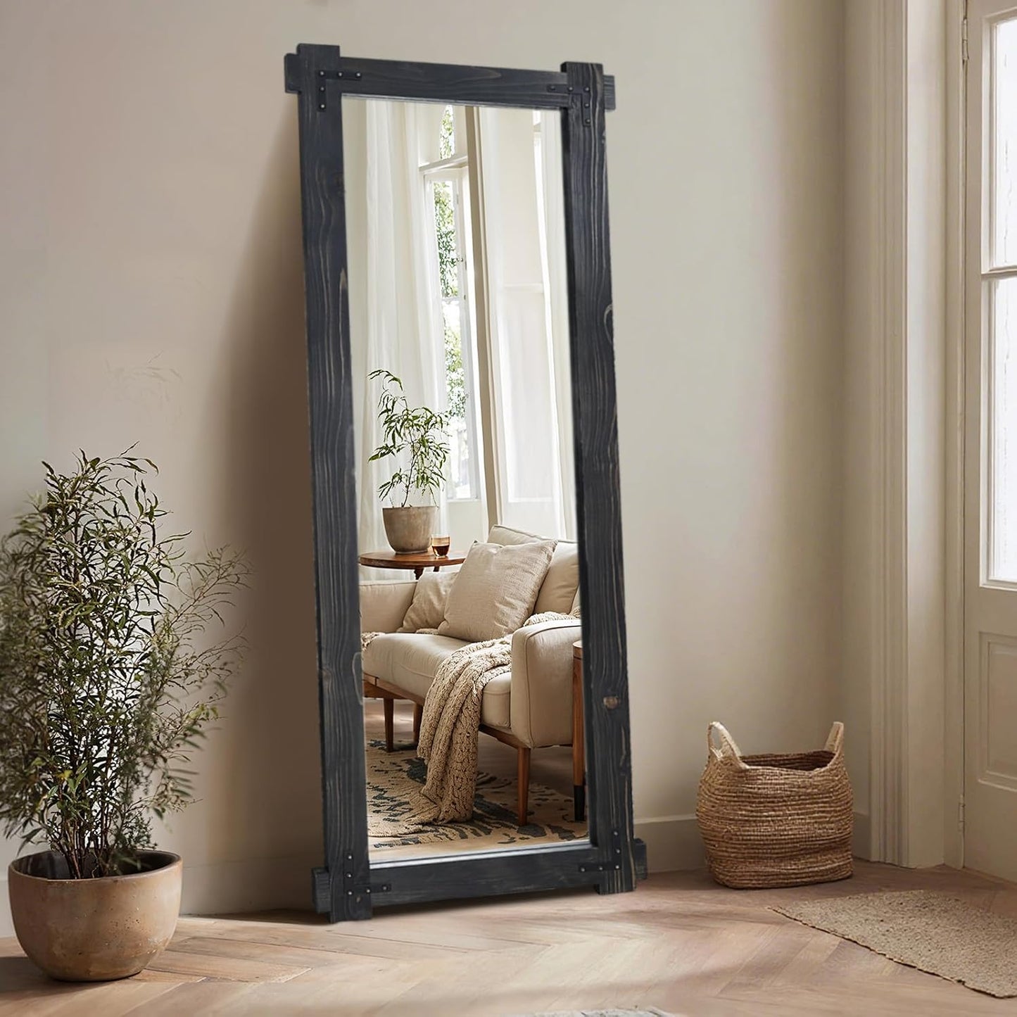 65x24 Inch Full Length Mirror, Pine Frame Full Body Standing Mirror with Metal Decorative, Black