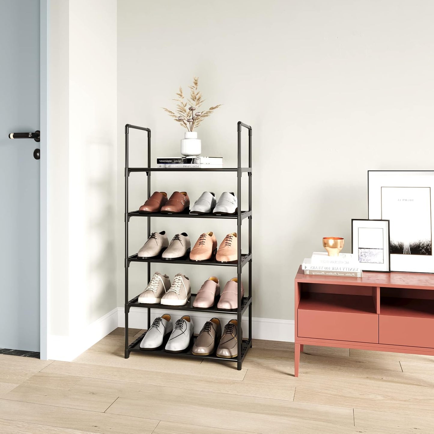 Upgrade Stackable Small Shoe Rack, 4-Tier Shoe Shelf Storage Organizer with Handle for Entryway, Hallway and Closet (Black)
