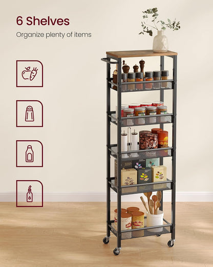 VASAGLE Slim Rolling Cart, 4-Tier Narrow Storage Cart with Handle, 5.1 Inches Deep, Metal Frame, for Kitchen, Dining Room, Living Room, Home Office, Rustic Brown and Classic Black ULRC032B01V1