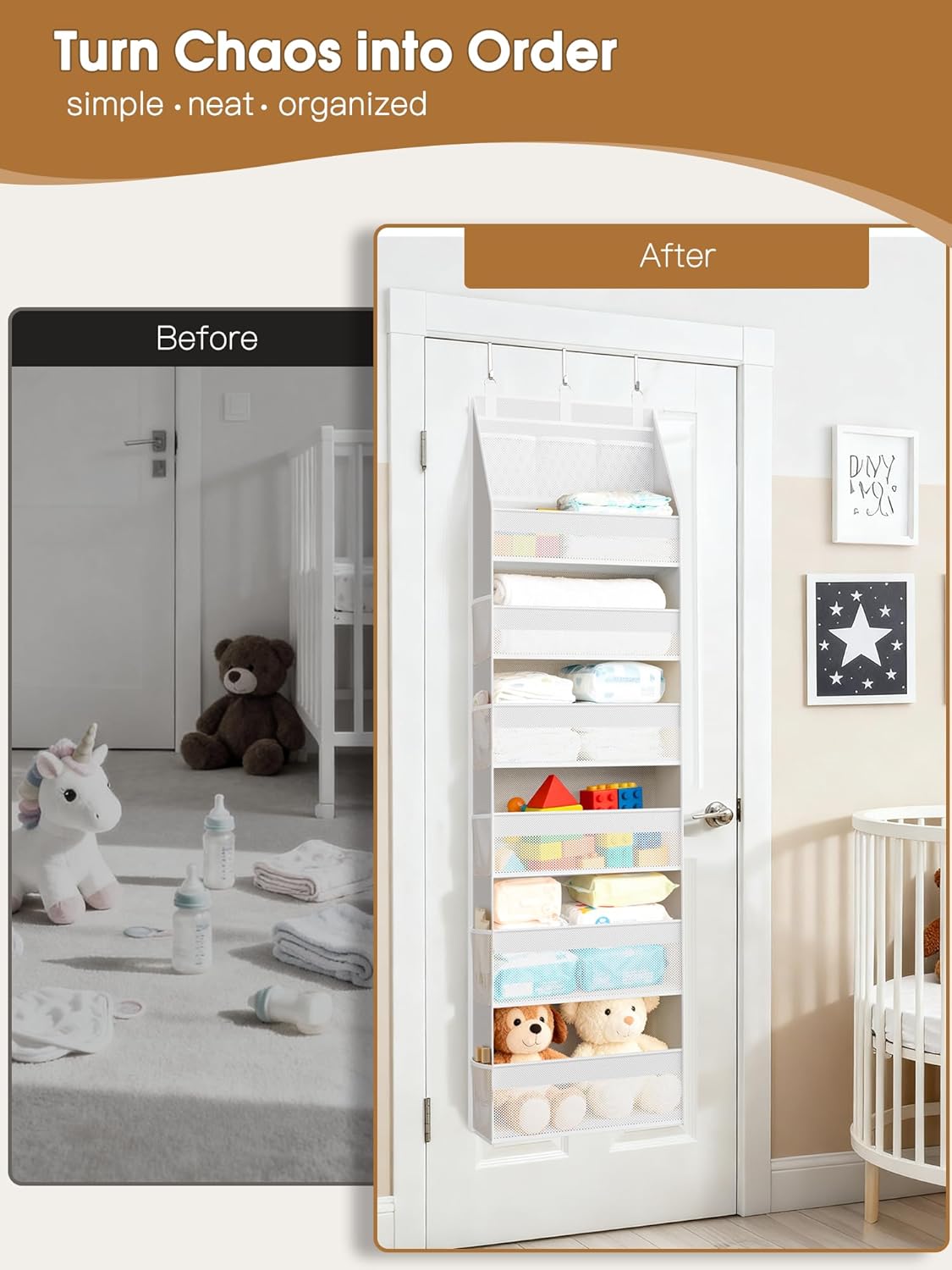 Criusia Over The Door Organizer, Heavy-Duty 6-Shelf Hanging Storage with 13 Mesh Pockets, 55lbs Capacity Behind The Door Storage for Nursery, Bathroom, Bedroom, and Dorm, Grey
