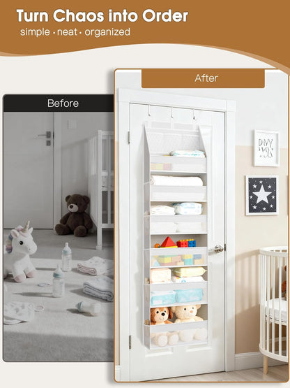 Criusia Over The Door Organizer, Heavy-Duty 6-Shelf Hanging Storage with 13 Mesh Pockets, 55lbs Capacity Behind The Door Storage for Nursery, Bathroom, Bedroom, and Dorm, Grey