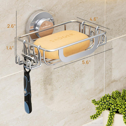 LEVERLOC Soap Dish Holder for Shower Suction Cup Wall Mounted Self Draining NO-Drilling Removable Bar Soap Sponge Holder for Bathroom Bathtub Kitchen Sink Waterproof Strong Vacuum Suction Adhesion