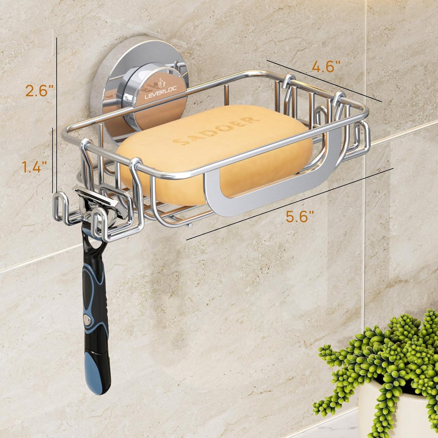 LEVERLOC Bar Soap Holder for Shower with Hooks, Suction Cup Soap Dish Rustproof Stainless Steel for Bathroom Accessories, Sponge Saver Black