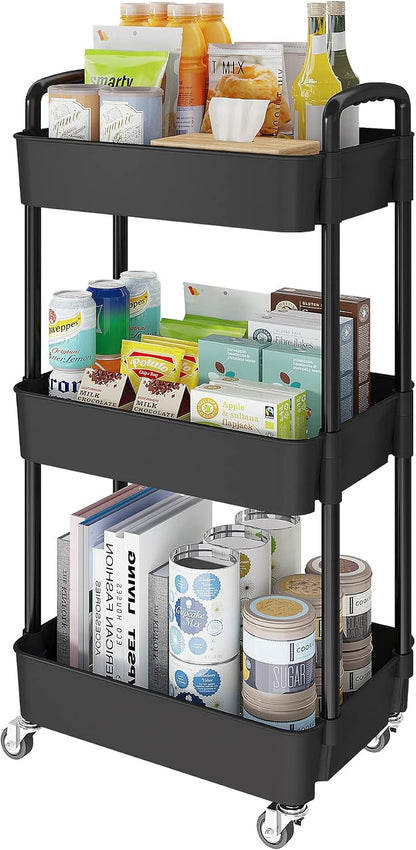 Laiensia 3-Tier Rolling Cart with Wheels,Multifunction Utility Storage Carts, Kitchen Storage Organizer,Mobile Shelving Unit for Bathroom,Laundry,with Classified Stickers,White