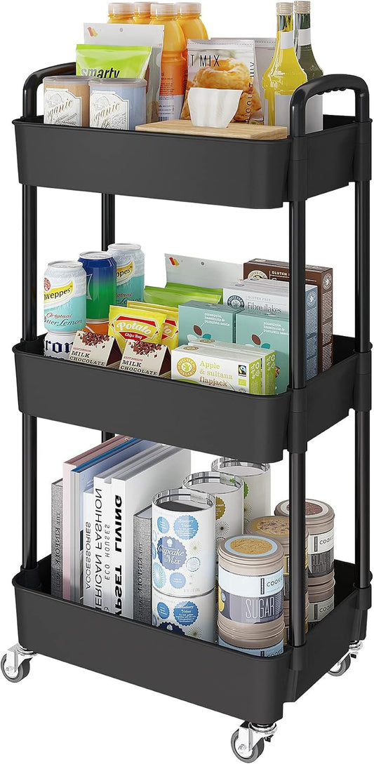 Laiensia 3-Tier Rolling Cart with Wheels,Multifunction Utility Storage Carts, Kitchen Storage Organizer,Mobile Shelving Unit for Bathroom,Laundry,with Classified Stickers,White
