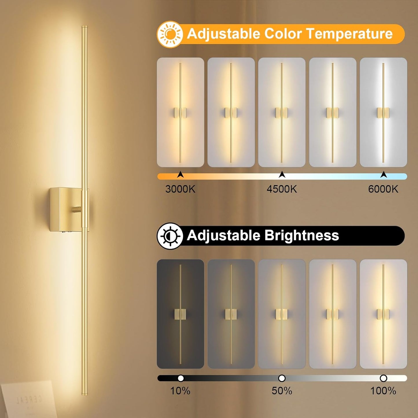 Battery Operated Wall Sconce Set of Two with Remote Control, 3000K-6000K Dimmable Black Wall Lights, Timable LED Wireless Wall Sconces, 350° Ratate for Bathroom, Living Room, Hallway 29.1 Inch