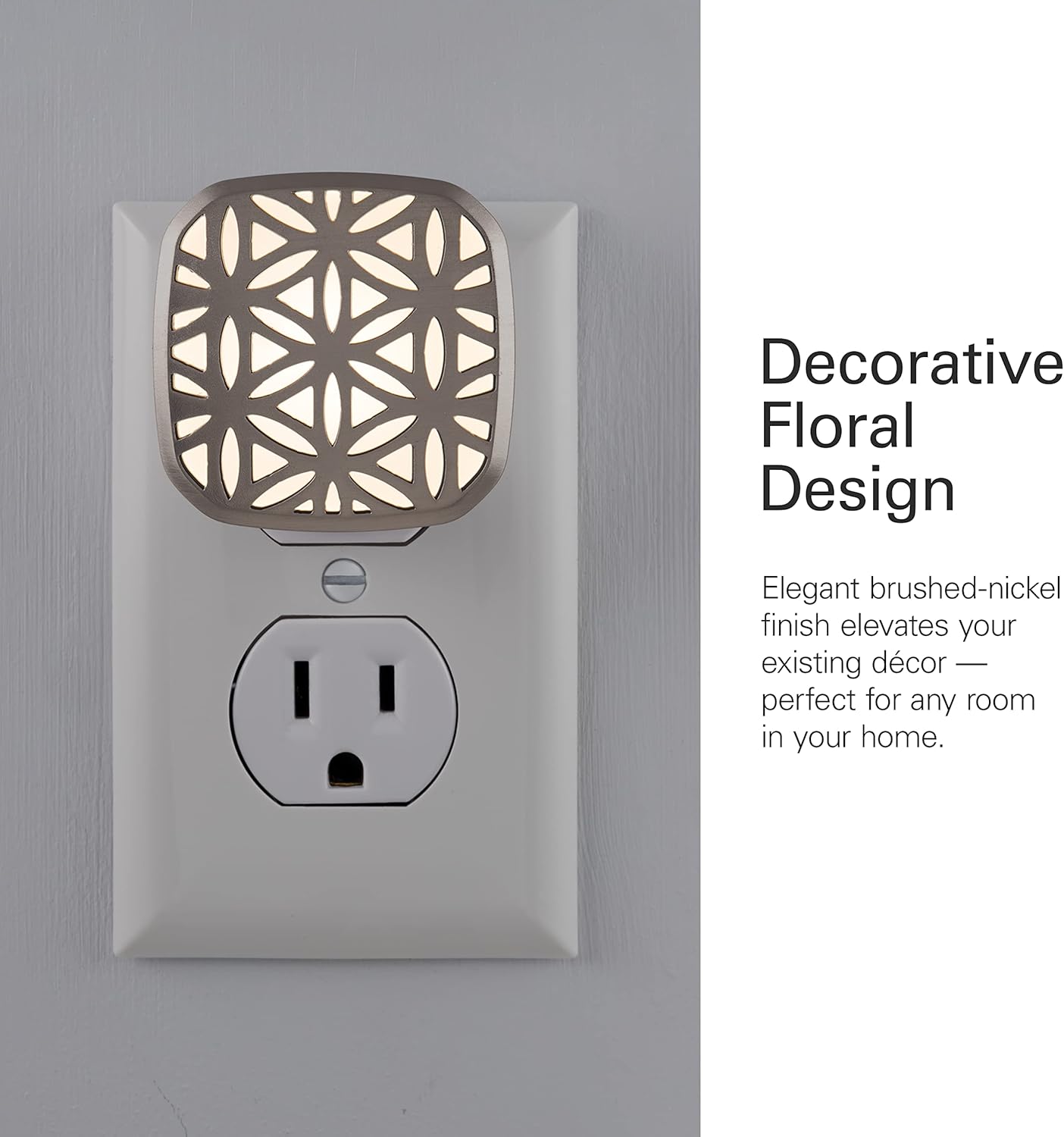 Lights by Night Decorative LED Night Light, Brushed Nickel Flower Design, Plug-in, Dusk to Dawn Sensor, UL-Certified, Home Decor, Ideal for Bedroom, Bathroom, Kitchen, Hallway, 54744, 2 Pack