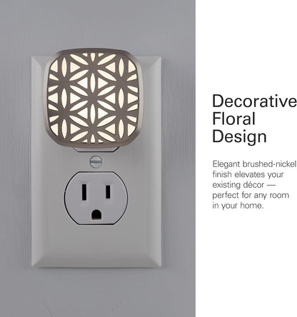 Lights by Night Decorative LED Night Light, Brushed Nickel Flower Design, Plug-in, Dusk to Dawn Sensor, UL-Certified, Home Decor, Ideal for Bedroom, Bathroom, Kitchen, Hallway, 54744, 2 Pack