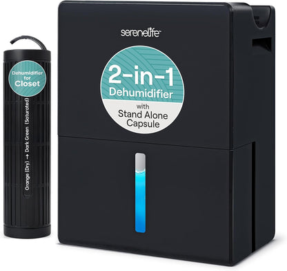 SereneLife Dehumidifier, Quiet 2-in-1 Thermoelectric & Desiccant Dehumidifiers for Home, 85 oz Tank Drying Base w/Small Room Attachment, Smart Humidity Control for Basement, Bathroom, Bedroom, Closet