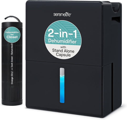 SereneLife Dehumidifier, Quiet 2-in-1 Thermoelectric & Desiccant Dehumidifiers for Home, 85 oz Tank Drying Base w/Small Room Attachment, Smart Humidity Control for Basement, Bathroom, Bedroom, Closet