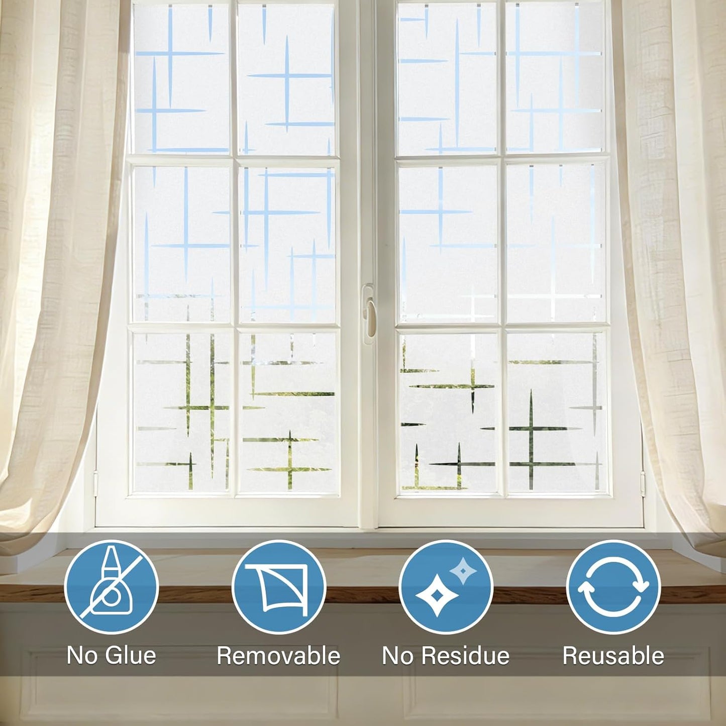 Finnez Frosted Window Film Non-Adhesive, Frosting Privacy Film for Glass Windows, Self Static-Cling Decorative Window Cling for Home Office UV Protection Cross Pattern 17.5 x 78.7 inches