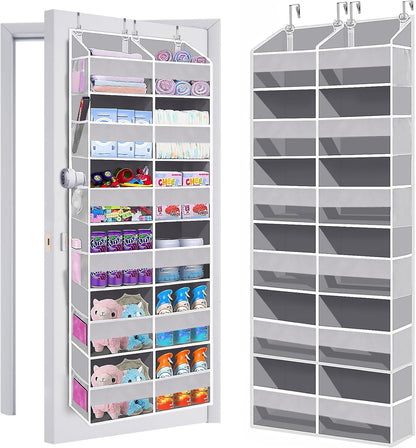 Heavy Duty Over The Door Organizer 5 Tiers, Extra Large Behind Door Storage of 10 Big Front & 10 Mesh Pockets, 80lb Weight Capacity, Hanging Doors Storage Organizer for Closet Bedroom Nursery, Grey