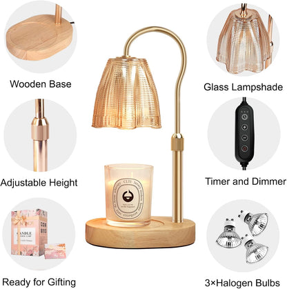 Candle Warmer Lamp with Timer & Dimmer, Candle Warmer Height Adjustable, Fits All Jar Scented Candles, Candle Lamp with 3 Bulbs, Charming Gift Box with Ribbon for Gifting