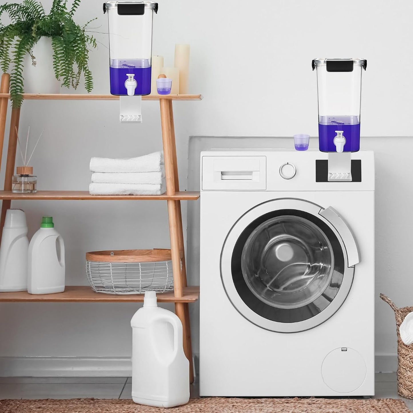 Soaoo 3 Set 67.6 oz Liquid Laundry Detergent Dispenser with Faucet and Cup Holder Labels Plastic Fabric Softener Container Detergent Drip Catcher for Laundry Room Washing Soap