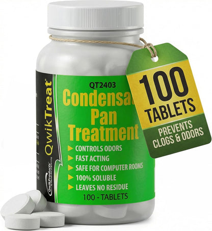 QwikTreat AC Pan Tablets & HVAC Drain Line Cleaner | Condensate Drain Pan Treatment Tabs | Remove Air Conditioner Pipe Clogs, Algae, & Control Odors for Effective Maintenance (100 Tabs)