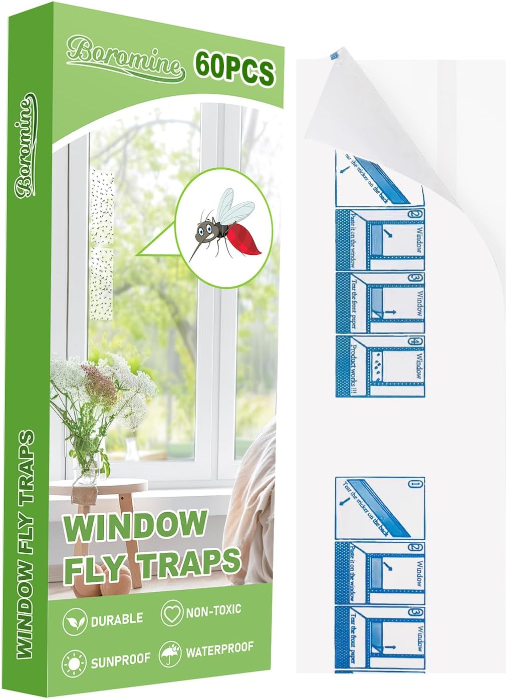 60 Pack Window Fly Traps, Window Sticky Traps, Sticky Non-Toxic Clear Fly Paper Indoor for Home