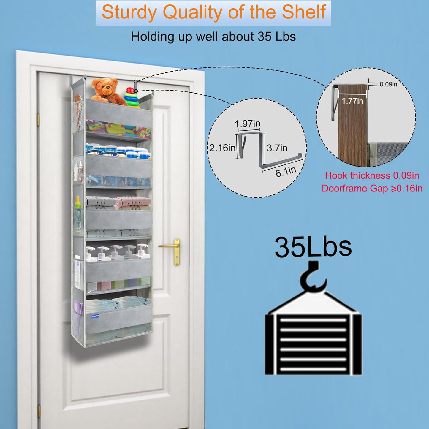Over The Door Organizer 5-Shelves and 10 Side Pockets, Over The Door Storage for Bathroom Bedroom Nursery, Hanging Door Organizer for Baby Diapers and Kids Toys (13"x5"x44", Grey)