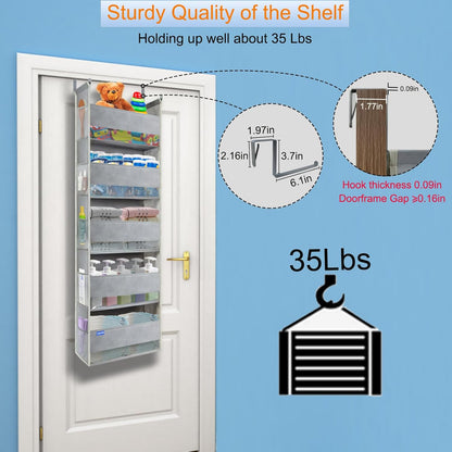 Over The Door Organizer 5-Shelves and 10 Side Pockets, Over The Door Storage for Bathroom Bedroom Nursery, Hanging Door Organizer for Baby Diapers and Kids Toys (13"x5"x44", Grey)
