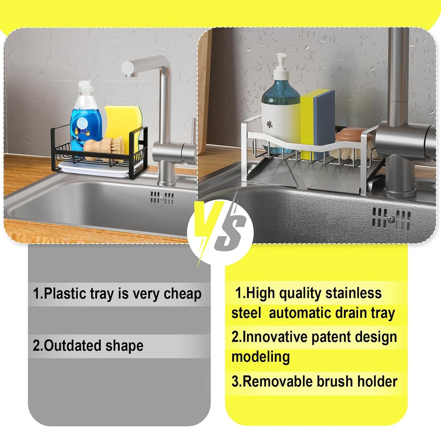 Maifan Stainless Steel Kitchen Sink Caddy Organizer with Auto Drain Tray, Sponge Holder for Countertop Storage